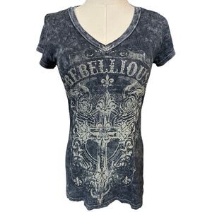 VINTAGE Y2K Women’s Small Whimsigoth Rhinestone Cross Roses Rebellious T Shirt